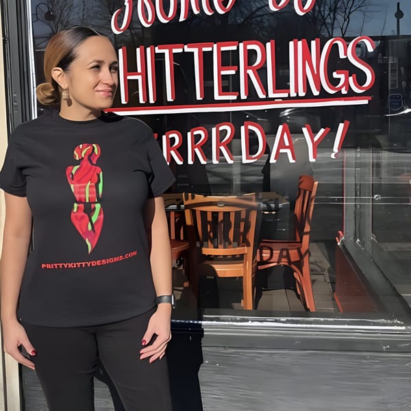 Woman in a black t-shirt with a red and green design stands outside Chef Daddy's restaurant.