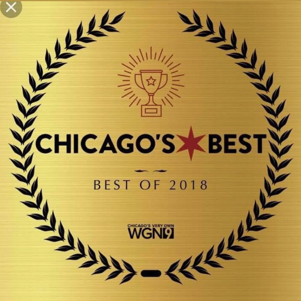 Gold award plaque for "Chicago's Best, Best of 2018" from WGN9, with a trophy and laurel wreath.