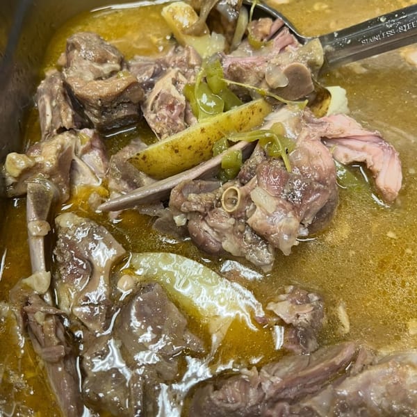 Close-up of Chef Daddy's southern stew with meat, potatoes, and green vegetables in broth.